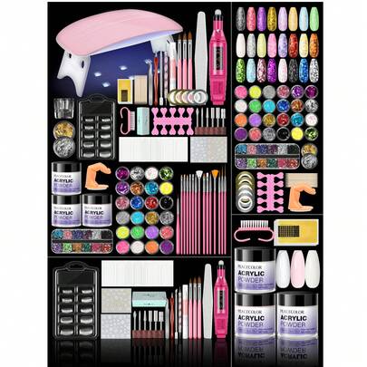 peacecolor Kit completo de uñas acrílicas - 10G de polvo de uñas claro, rosa y blanco, lámpara de uñas y taladro eléctrico de uñas para mujeres, extensiones de uñas acrílicas DIY, tallado, suministros de salón de uñas, regalos
