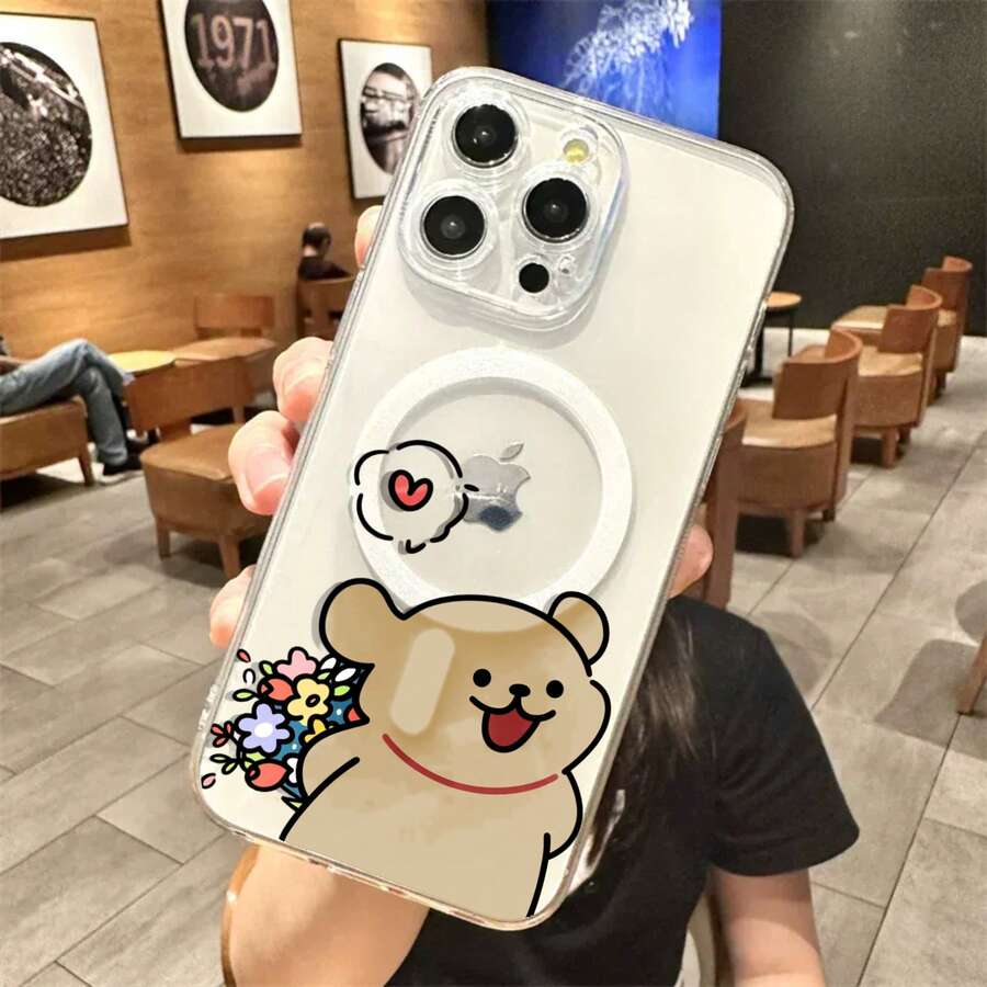 Funda magnética acrílica transparente para parejas, compatible con múltiples modelos de teléfono - Perro con Flores1 - Ver 1