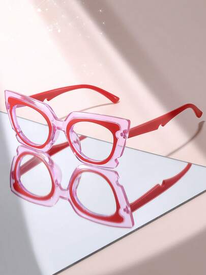 1 Pair Retro Large Frame Cat Eye Color Block Design Fashion Non-Prescription Glasses | Suitable For Summer Beach Party, Carnival, Travel, Fashion Accessory