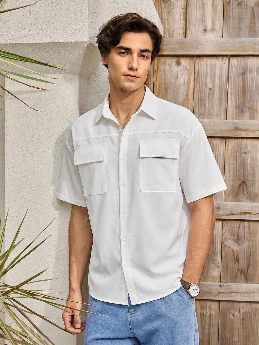 Mercer Haus 男士实用复古风白色工装衬衫，带3D口袋，短袖宽松翻领，适合度假、户外活动和日常穿着，父亲节礼物，适合在夏威夷享受夏季热带假期。 - 白色 - 查看 1