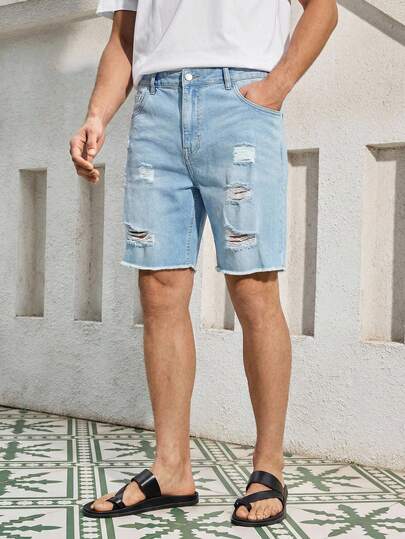Mercer Haus 男式破洞毛边牛仔短裤