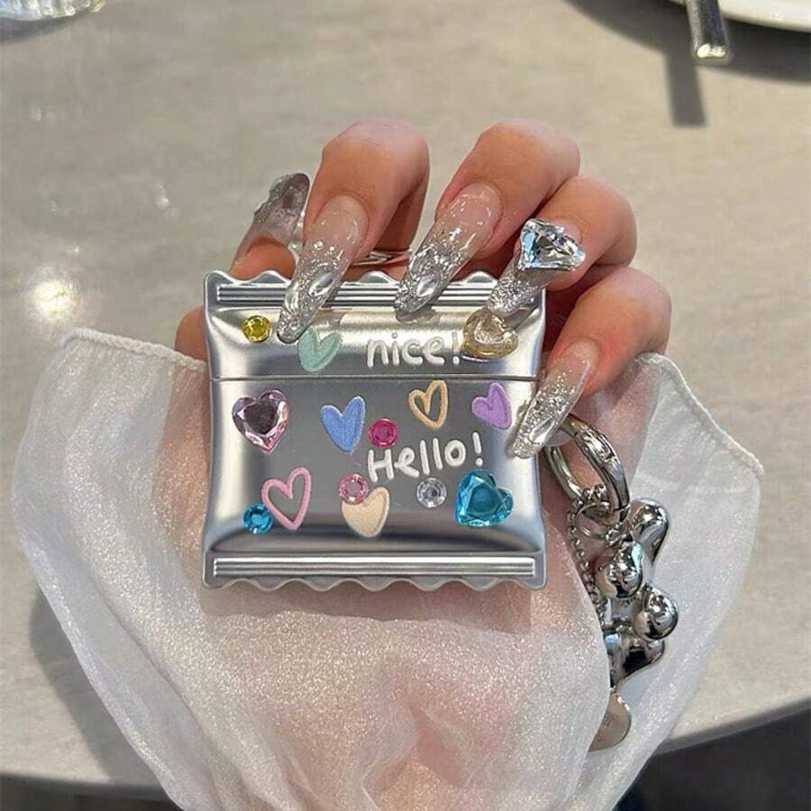 1pc Heart-Shaped Sticker Candy Earphone Protective Case, Suitable For Airpods 4th Gen, Multi-Model, Colorful Heart Element Earphone Protective Shell, Wavy Electroplated Colorful Heart Bluetooth Earphone Case, Silicone Earphone Cover, Earphone Accessories, Earphone Case - Silver - View 1