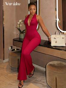 女士红色吊带喇叭连体裤，优雅性感时尚褶皱连体裤，女士派对连体裤，优雅派对装扮，修身连体裤 - 酒紅色 - 查看 3