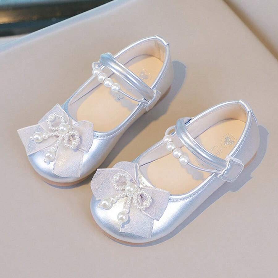 1 Pair Silver Children Flat Shoes, Hook And Loop Pearl Girls Shoes, Round Toe Princess Shoes For Infant & Toddler - Silver - View 1