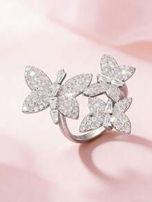 1枚奢华微镶嵌白金镀层铜戒指，饰有3只蝴蝶，独特设计的锆石戒圈，女士款 - 蝴蝶型 - 查看 5