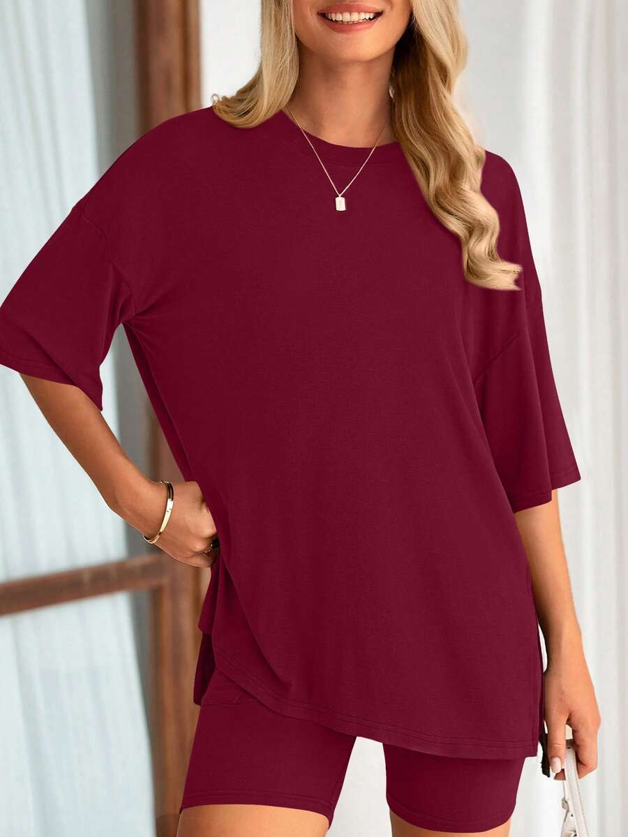 PRETTYGARDEN Women's Summer Clothes 2 Piece Sets Lounge Set Casual Oversized Shirts Biker Shorts Matching Airport Travel Sweatsuit Set Women Vacation Outfit Dark Red Summer Brunch Outfits For Women - 暗紅色 - 查看 1