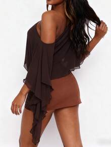 Women's Ruched Cape One Shoulder Poncho Double Layer Shrug See Through Flowy  Asymmetrical Neck Fitted Crop Top - Chocolate Brown - View 8