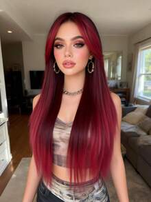 多层女士假发，柔软合成发丝，中长款，适合情人节约会和日常造型 - 漸層紅色 - 查看 2