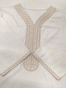 Men's Embroidered Robe, Moroccan Thobe, Solid Color Thawb, Men's Linen Pullover Gandoura, Traditional Arabic Men's Gandoura Thobe With Pockets - Apricot - View 5