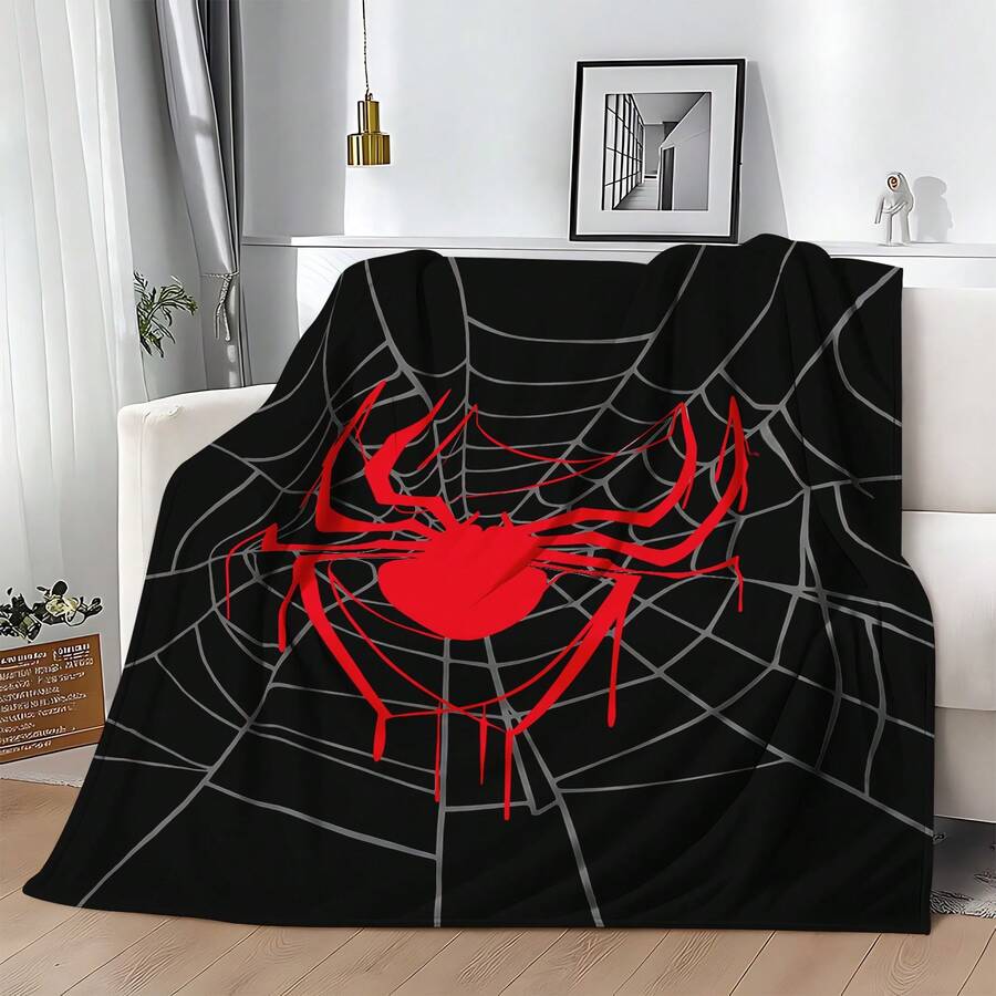 1pc Dripping Red Spider Web Flannel Throw Blanket, Gothic Cobweb Pattern In Black Gray For Superhero Fans, Adults |   For Game Room, Lounge, Man Cave, Themed Decor - 多色 1 - 查看 1