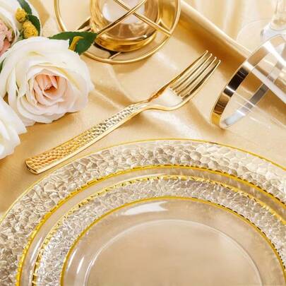 24pcs Gold Plastic Plates - Includes 12pcs 10.25" Dinner Plates And 12pcs 7.5" Dessert Plates In Transparent Gold, Ideal For Weddings, Parties And Christmas