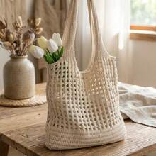 Women's Woven Tote Bag Large Capacity Minimalist Shoulder Bag Lightweight Breathable Hollow Out Knit Handbag For Summer Beach Vacation Casual Daily Shopping Travel - 棕色 - 查看 5