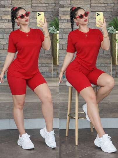 Conjunto De moda dama de Playera holgada oversize y short tipo biker, casual, Primavera- verano, cómodo, sexy, Bonita,