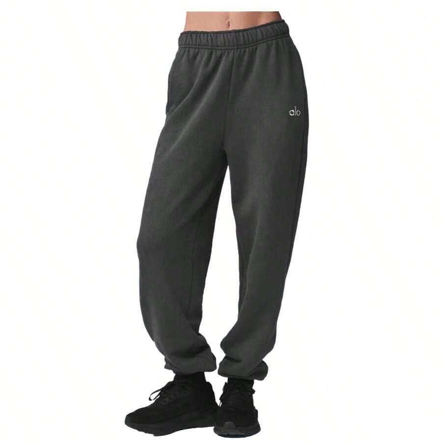 Alo Yoga Women's Accolade Sweatpants | Premium Heavyweight French Terry Fleece Joggers | Luxury Soft Brushed Interior Lounge Pants | High-Waisted Cuffed Bottom Sweatpants | Classic Streetwear Activewear Track Pants | Urban Fashion Cozy Slim Fit Joggers With Chrome Logo - Anthracite - View 1