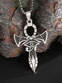 1件埃及安卡项链，带十字架和荷鲁斯之眼吊坠，不锈钢材质，精美饰品 - 彩色 - 查看 1