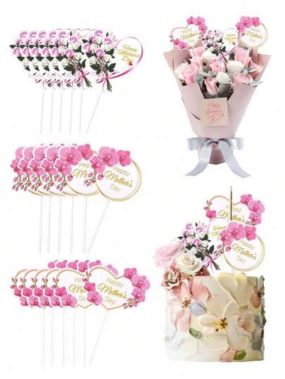 12个/6个母亲节蛋糕装饰插牌，粉色“母亲节快乐”蛋糕签，意义非凡的母亲节蛋糕装饰，最佳妈妈母亲节主题生日蛋糕装饰