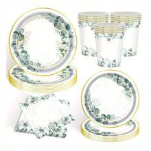 10pcs/20pcs Sage Green Leaves Color Party Supplies Serve Guests Eucalyptus Flowers Disposable Paper Plates Napkins And Cups For Bridal Baby Shower Birthday Wedding Party Decorations - Multicolor - View 1