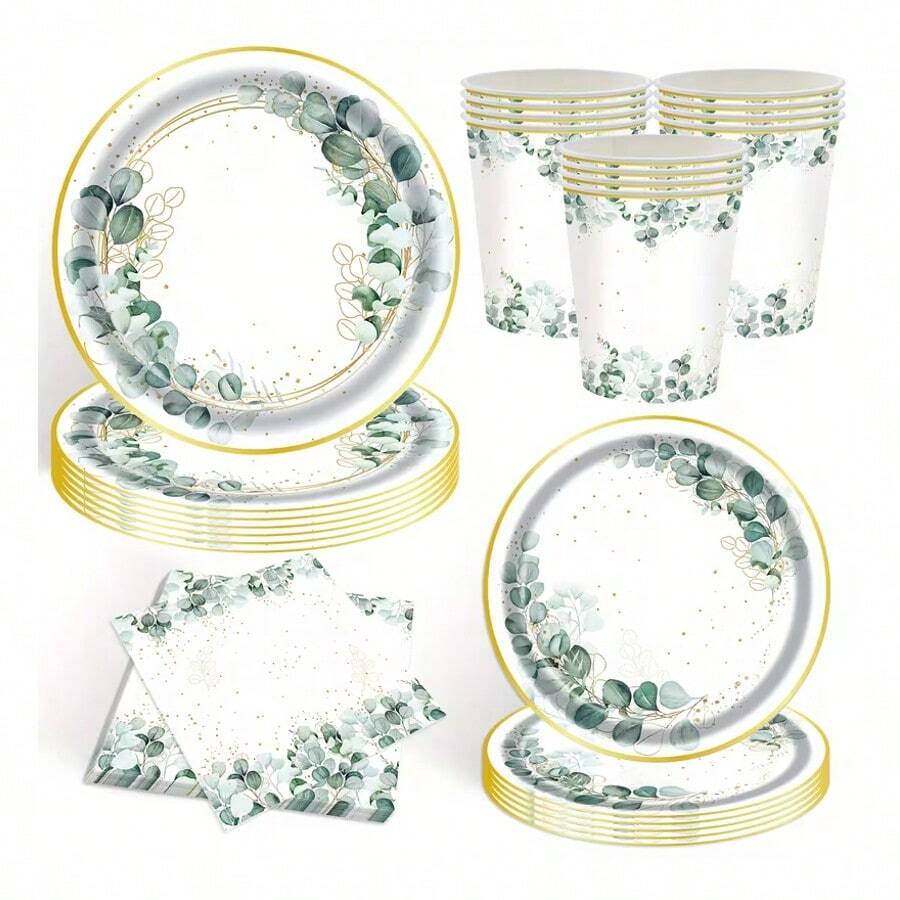 10pcs/20pcs Sage Green Leaves Color Party Supplies Serve Guests Eucalyptus Flowers Disposable Paper Plates Napkins And Cups For Bridal Baby Shower Birthday Wedding Party Decorations - Multicolor - View 1