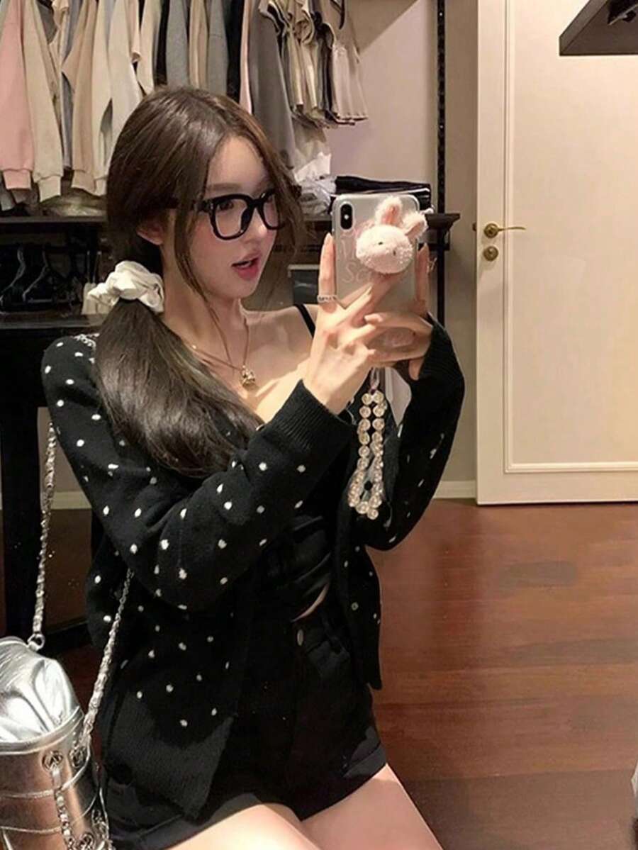 Áo khoác cardigan dệt kim dáng rộng cho nữ, cổ tròn, dáng thoải mái, áo khoác ngắn ôm dáng màu đen, thích hợp cho kỳ nghỉ. - màu đen - Xem 1