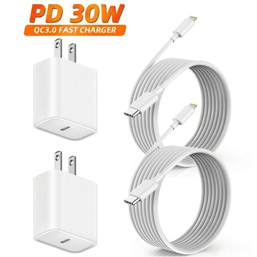 30W墙式充电器适配器，配备3.3英尺/6.6英尺USB-C转Lightning数据线，快速充电电源适配器，兼容 14/13/12/11 Pro Max Plus，便携式充电套装 - 美規A型插(110-127V) - 查看 1