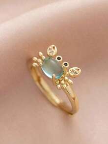 1pc Fancy Adjustable Crab Ring Women, Cute Vintage Summer Beach Style Copper Silver 18K Gold Plated Moonstone Light Blue Animal Rings Jewelry Girls Daily And Party Occasions, Friends - 月光白 - 查看 1