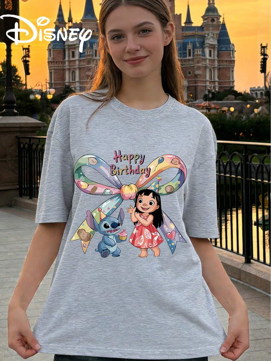 Disney StarCraft Baby Lilo And Stitch Birthday Party Printed Loose Short Sleeve T-Shirt Women's Casual Top - Gris - Voir 1