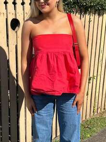 Women Sexy Strapless Ruffle Hem Tube Top Summer Solid Sleeveless Backless Tube Top Pleated Peplum Flowy Bandeau Top - Red - View 7