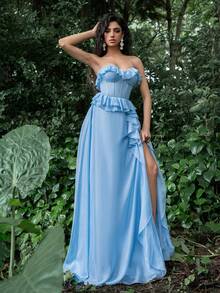 Faeriesty Elegant Light Blue Ruffle Collar Long Party Dress | Soft, Flowing Chiffon Fabric, Strapless Ruffle Trim And Tie Waist Design, High Slit Ruffle Hem, Suitable For Spring Wedding, Garden Party, Valentine's Day - Blue - View 2