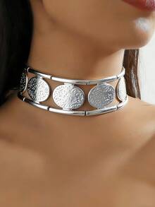 1 pieza Collar gargantilla de mujer de moda con textura de metal exagerada, patrón geométrico elíptico martillado y cilindro de metal empalmado - Amarillo Oro - Ver 10