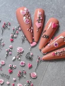 1pc 5D Relief Rose Heart Flower Nail Art Stickers Charming Spring Elegant Pink White Floral Branches Nail Decals 6*10cm Self-Adhesive Nail Decoration - Baby Pink - View 5