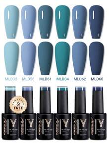 YOKEFELLOW 不含TPO和HEMA的蓝色凝胶指甲油套装，6瓶10毫升装，莫兰迪蓝色调，可卸UV/LED蓝色美甲凝胶指甲油套装，适合女性在家美甲沙龙使用，或作为2026年节日礼物 - 彩色 - 查看 5