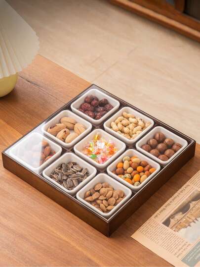 1pc Walnut Wood Multi-Compartment Tray With Lid, Suitable For Snacks, Desserts, Cookies, Appetizers, Versatile For Various Occasions