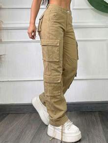 Dambyxor med flera fickor, casual Y2K-modell - Ljus kaki - Visa 3