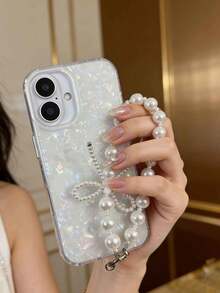 奢华炫彩贝壳纹理手机壳 + 仿珍珠蝴蝶结挂绳，兼容苹果 17、17 Pro、17 Pro Max、16 Pro Max、16 Pro、16、11、12、13、14、15、12 Pro Max、13 Pro Max、14 Pro Max、15 Pro Max，苹果手机保护壳 - 白色 - 查看 3