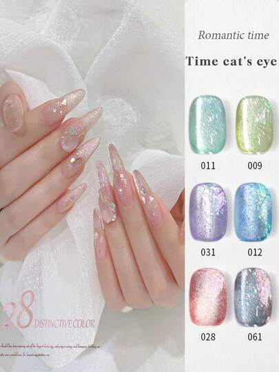 NAI SHI 6支装指甲油套装/每瓶12毫升，2026新款情人节礼物，春夏欧式金属猫眼凝胶指甲油。夏日色彩，细腻闪粉和磁性效果，提升指甲魅力。包含底油和亮油，需配合UV灯使用，植物凝胶材质，6色套装，适合新手、居家、办公、通勤和约会等场合。无病毒，沙龙级品质，持久长达28天。