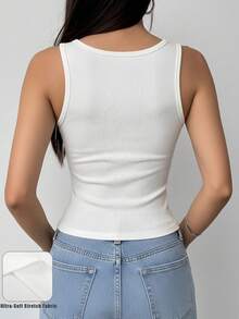 1pc Women's Casual Knit Ribbed Tank Top, Fitted Solid Color Round Neck Camisole, Minimalist Everyday Wear - White - View 4