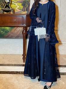 Plus Size Lace Abaya Set, Includes Slip Dress, 2 Pieces Set, Elegant & Dignified Abaya With Lace Trim - Navy Blue - View 6