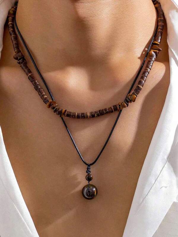 两件套欧美嘻哈时尚小众设计双层项链，椰壳仿绿松石珠链搭配木珠吊坠，男士时尚配饰，适合日常佩戴，男士礼物