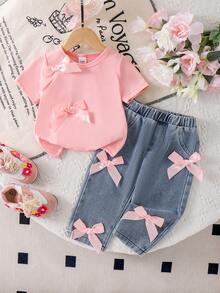 2pcs Baby Girl Casual Fashion 3D Bow Pink Short Sleeve T-Shirt Top And Bow Denim Long Pants Set - Pink - View 1