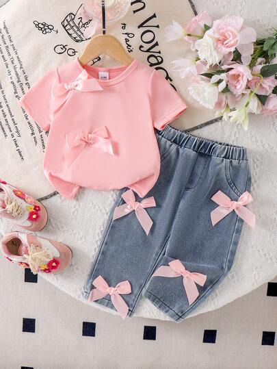 2pcs Baby Girl Casual Fashion 3D Bow Pink Short Sleeve T-Shirt Top And Bow Denim Long Pants Set