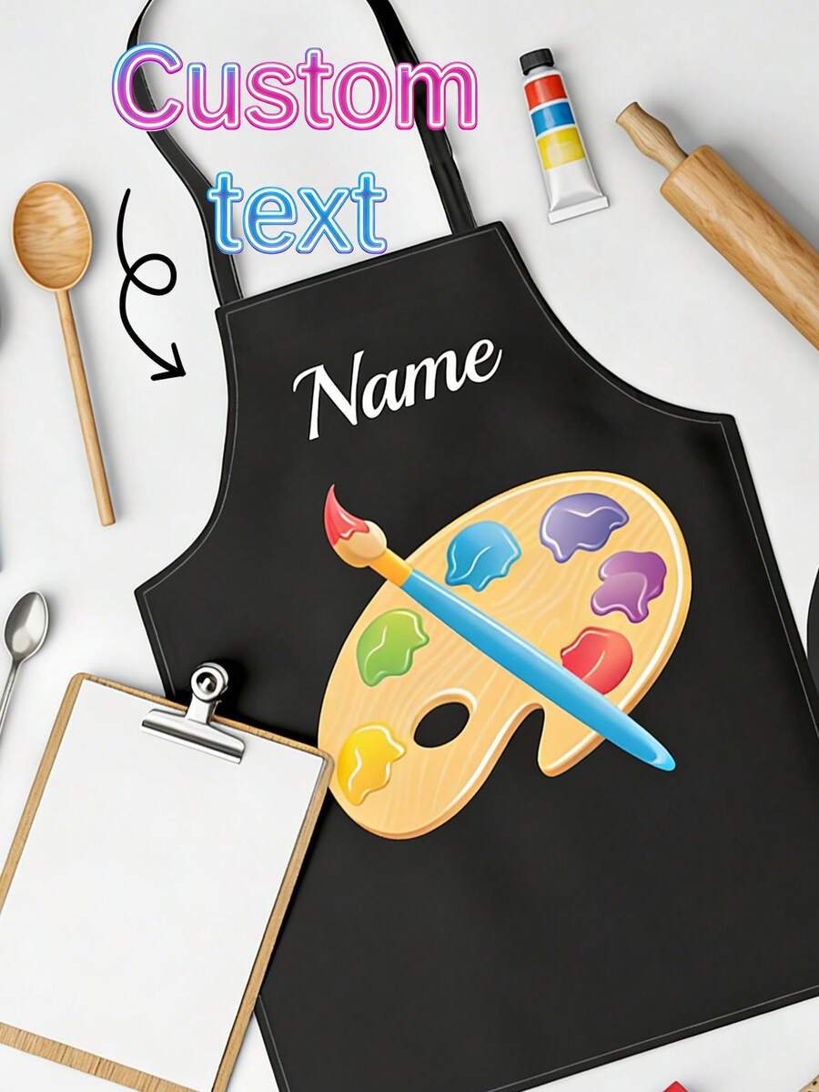 Personalized Apron, 1pc Customizable Name Artistic Paint Brushes & Palette Design Apron - Polyester, Embroidered Apron, Name Apron, Customized Name Apron, Personalized Apron, Chef Apron, Mom Apron, Baking Apron, Baking Gift, Chef Gift - Multicolor - View 1