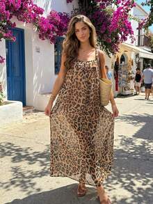 2026夏季新款法式优雅渐变宽松中长沙滩连衣裙，女士专属旅行风吊带连衣裙，适合度假派对 - 棕色 - 查看 4