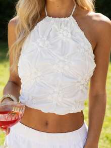 Tops de mujer con cuello halter, sin mangas, con espalda descubierta, corte ajustado, estilo camisola texturizada, para verano. - Blanco - Ver 5