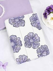 1pc Painted Purple Floral Pattern Flat Tablet Case, Compatible With Mini4/Mini5/Mini6/Mini7/Air/Air2/9.7/10.2/10.5/Air4/Air5/10.9/Pro 11-Inch/10th Gen/ Air 11-In.(M2)-2024/ Pro11-In.(M4)-2024/Air 11-Inch (M3) 2025/ (A16) 11 Inch 11th Generation 2025, Galaxy Tab A8 10.5 Inch 2022. Features: Built-In Pencil Slot, Tri-Fold Stand, TPU Soft Edge Protection, Magnetic Sleep/Wake, Unique/Fun/Healing/Personalized Design. - Multicolor - View 1