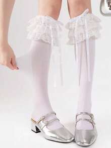 1双洛丽塔多层蕾丝法式过膝袜，浅黄/白/黑蝴蝶结堆堆袜，芭蕾舞风格日式JK小腿袜 - 彩色 - 查看 2