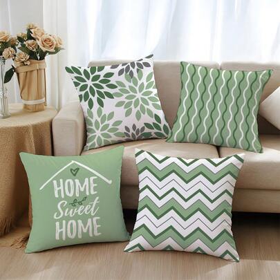 4pcs Minimalist White & Green Geometric "Home Sweet Home" Pattern Cushion Cover, Single-Sided Soft Peach Velvet Material, 45*45CM Pillow Case Suitable For Home Indoor Bedroom Living Room Party Decor, Sofa Decorative Throw Pillow Cover, Holiday Gift (Pillow Insert Not Included)