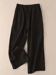 Pantalones anchos de mujer con cintura elástica, fruncidos, casuales, sueltos, de unicolor, con bolsillos, color negro - Negro - Ver 3