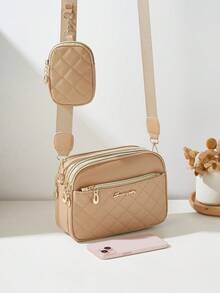2pcs/Set Fashionable Rhombus Stitching Multilayer Crossbody Shoulder Bag & Charm Bag For Women - Khaki - View 4