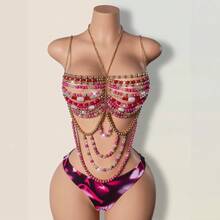 Glossmoon European And American Women's Fashion Acrylic Beaded Halter Neck Versatile Hollow Body Chain Niche Bra Sexy Colorful Beaded Tube Top Bikini Jewelry Beachwear Nightclub Outfit - Màu Hồng Tươi - Xem 7