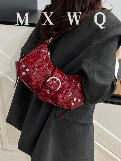 1pc Women's Retro Moto Punk Rivet Decor Adjustable Shoulder Strap Large Capacity Soft Faux Oiled Leather Gradient Color One Shoulder Underarm Bag, Suitable For Work, Commute, Date, Party